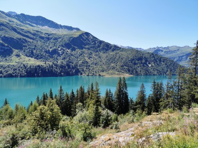  ﻿Le lac de barrage Roselend à 1550M.